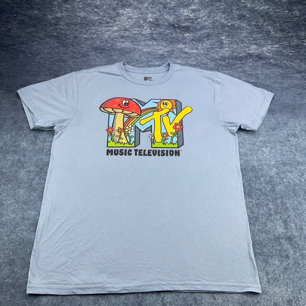 MTV Music Television Mushroom Rainbow Graphic Tee Light Blue Mens Large L